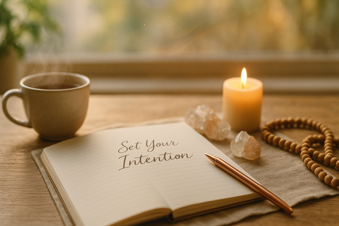 Open journal withSet Your Intention" written, beside candle, crystals, and tea.