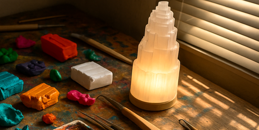 Glowing selenite crystal lamp on artisan desk with colorful clay blocks.