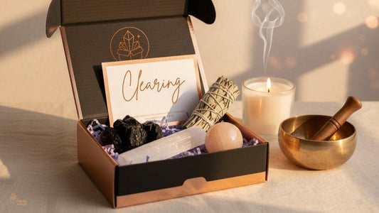 Mystic Parcel Mystery Box opened with curated crystals and guidance card for clearing.