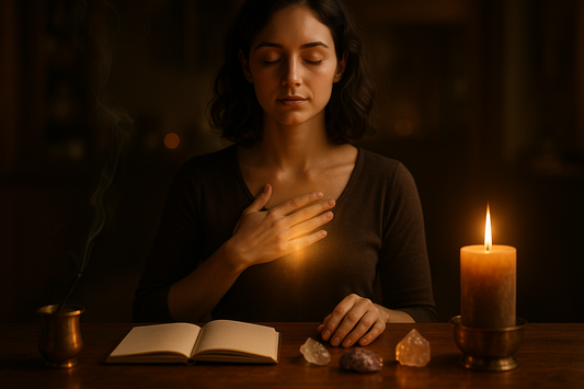 A serene candle-lit mindfulness scene featuring a woman with eyes closed, hand over her heart, surrounded by crystals, candlelight, and soft incense glow — symbolizing present-moment awareness, healing energy, and spiritual grounding.