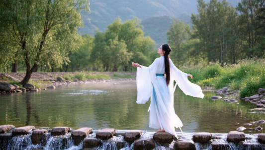 Woman in flowing white dress embracing nature by serene river.