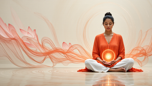 Woman meditating with glowing energy orb, symbolizing creative healing.