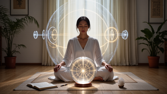 Woman meditating with glowing mystical energy sphere in serene room.
