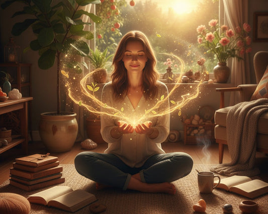 Woman radiating abundance energy in cozy room, symbolizing prosperity shift