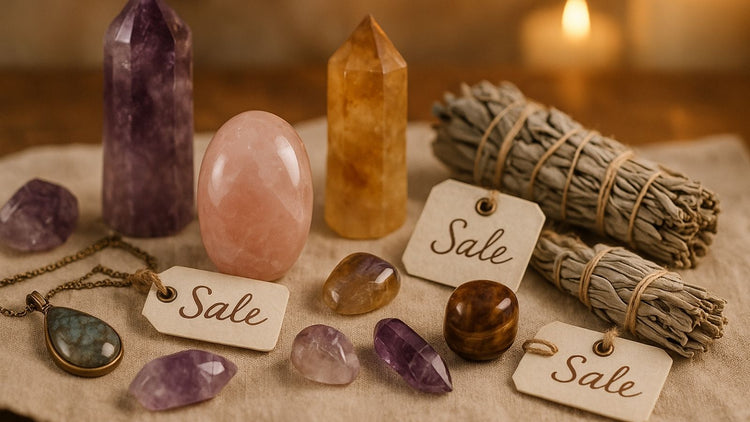 Mystic Parcel sale display featuring polished amethyst, rose quartz, citrine, and labradorite crystals arranged on a linen cloth beside sage bundles and antique-style tags labeled ‘Sale.’