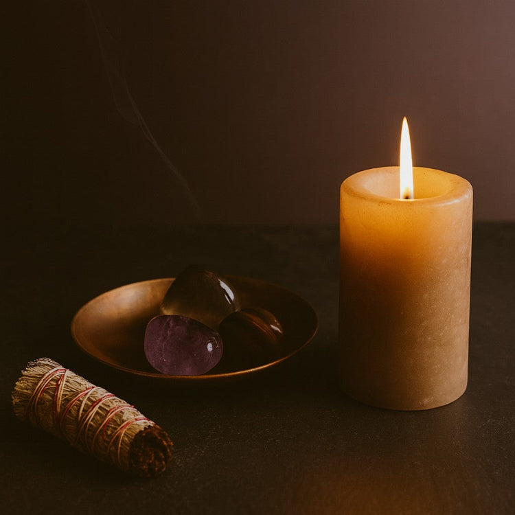 Fall Season crystal collection with candlelit copper accents—smoky quartz, carnelian, and sunstone styled on warm wood in a moody autumn scene.