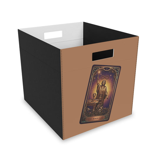 Felt storage cube with The Magician tarot card Intention Art design on a golden background