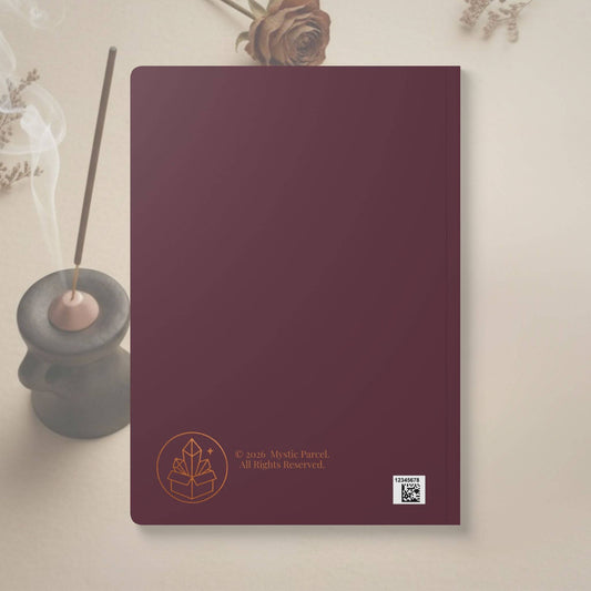 Back cover of The Hermit Tarot Journal - Soft Cover with Mystic Parcel logo and copyright, perfect for spiritual or personal writing.