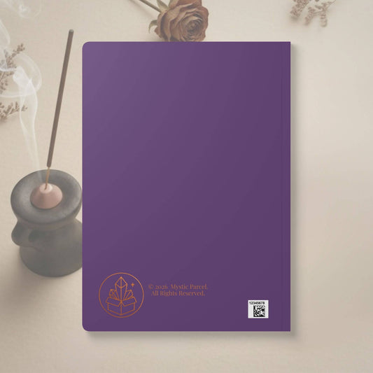 Back cover of The Star Tarot Softcover Journal in deep purple with Mystic Parcel logo and copyright, perfect for spiritual and creative writing.