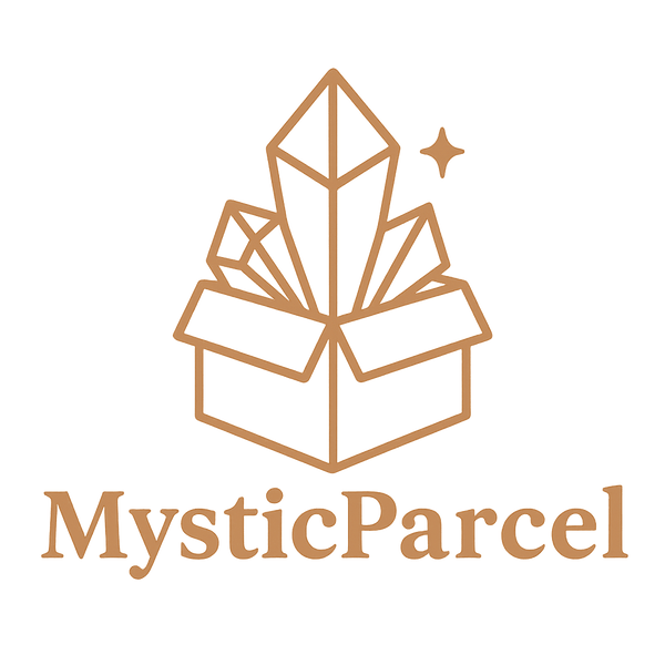 SEO-friendly alt text:  
MysticParcel logo featuring an open box with crystal formations emerging and a sparkle icon above, symbolizing magical or mystical deliveries.