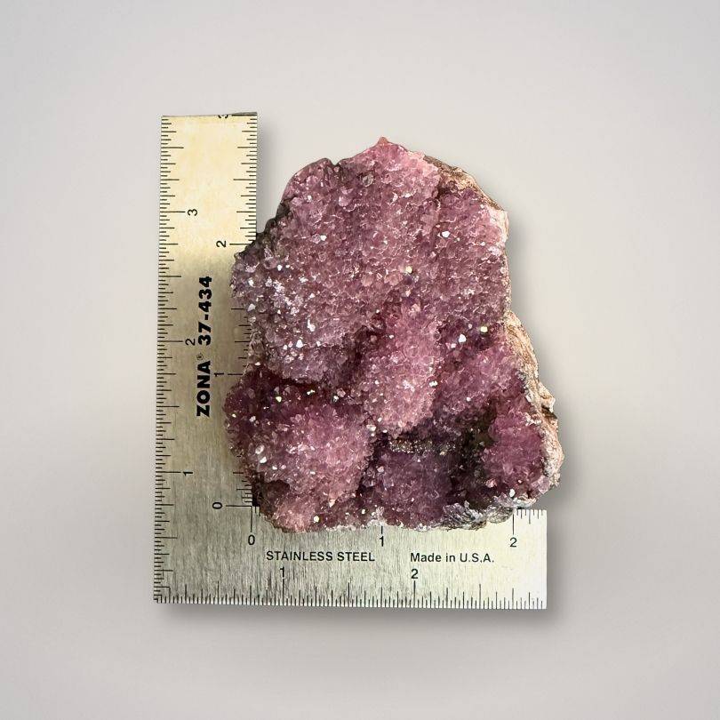 Alaçam Amethyst Druzy Specimen — Multi-Peak Crystal Formation (94g) next to ruler for size reference, ideal for gemstone and mineral collectors.