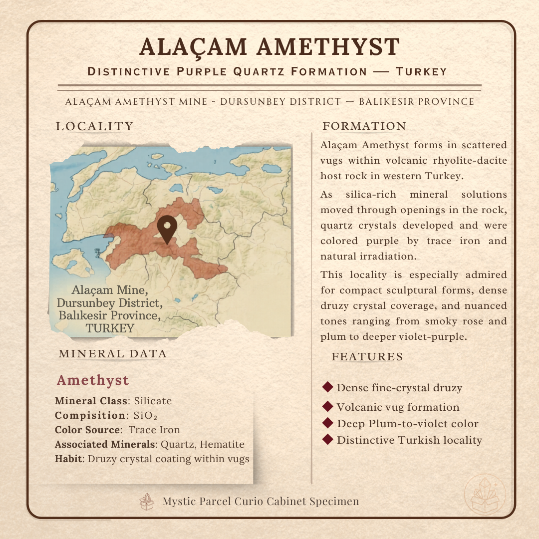 Informational graphic about Alacam Amethyst mine in Turkey with a map and text details.