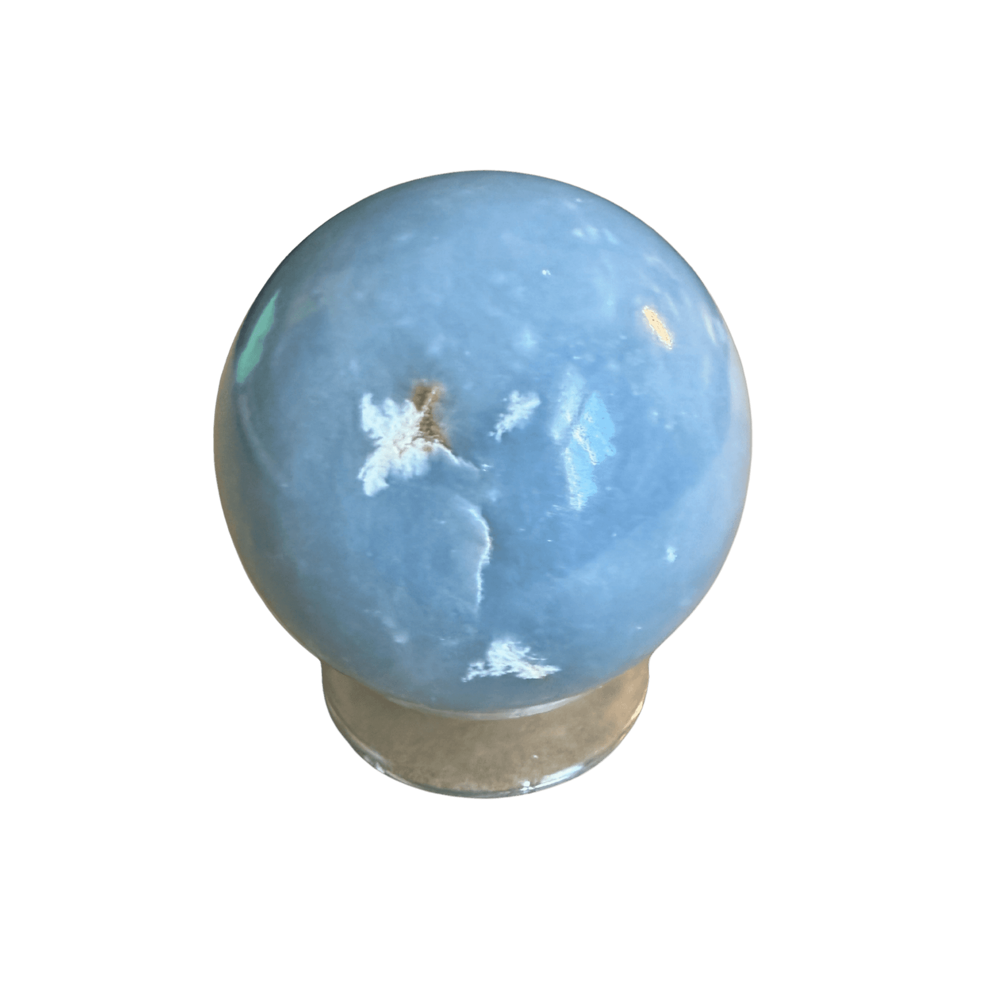 Angelite Sphere for Meditation - Calm & Soothing. Handcrafted sky-blue Angelite mineral sphere from Peru, ideal for spiritual connection and serenity.