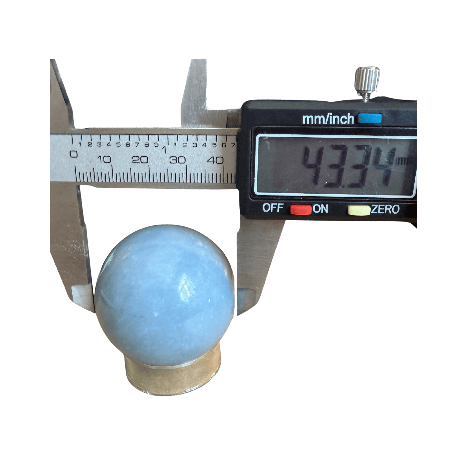 Buy Angelite Sphere for Meditation - Calm & Soothing; 43.34mm diameter, sky-blue Angelite sphere measured with caliper, ideal for spiritual connection and serenity.