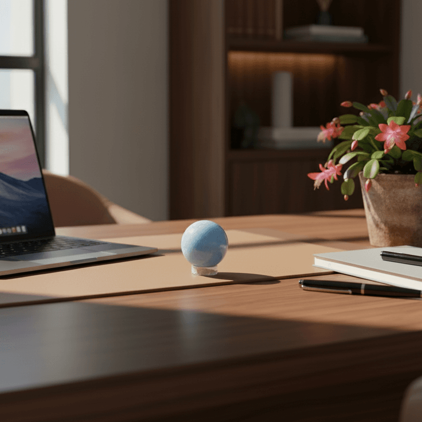 Buy Angelite Sphere for Meditation - Calm & Soothing. Sky-blue Angelite crystal sphere on a desk, ideal for spiritual connection and energy balance.