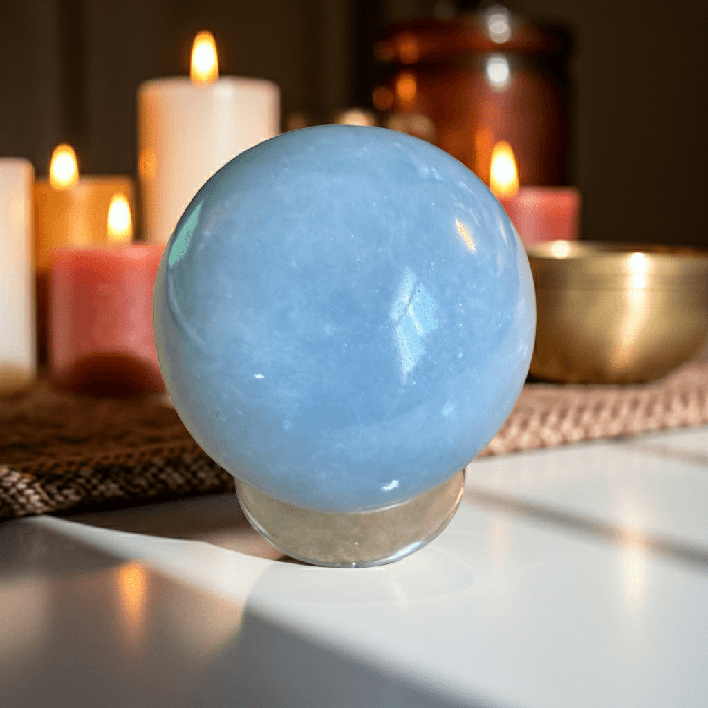 Buy Angelite Sphere for Meditation - Calm & Soothing. Sky-blue polished Angelite crystal sphere on stand, ideal for spiritual connection and energy work.