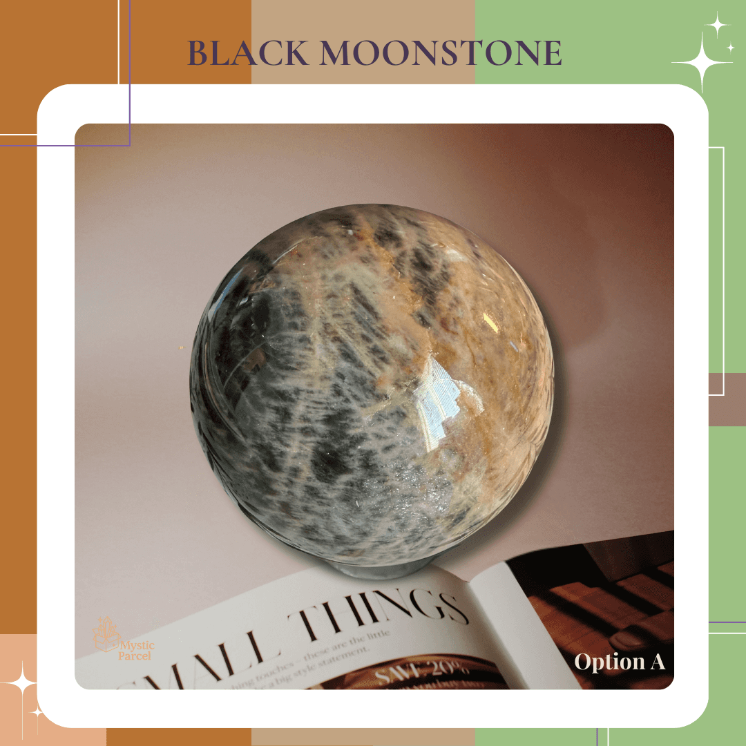 Black Moonstone Sphere with silvery flash on stand