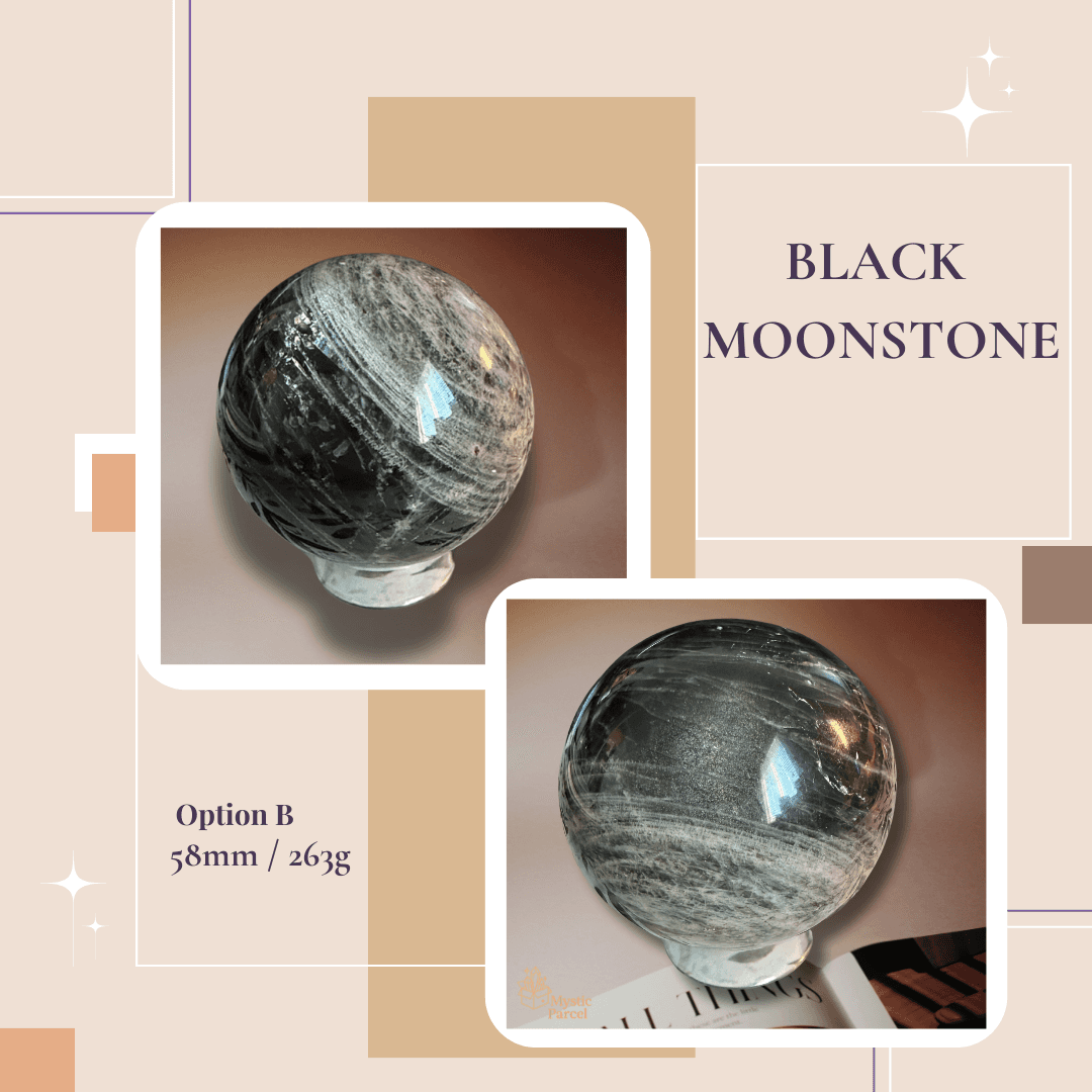 Black Moonstone Sphere Option B (58mm / 263g) polished surface close-up