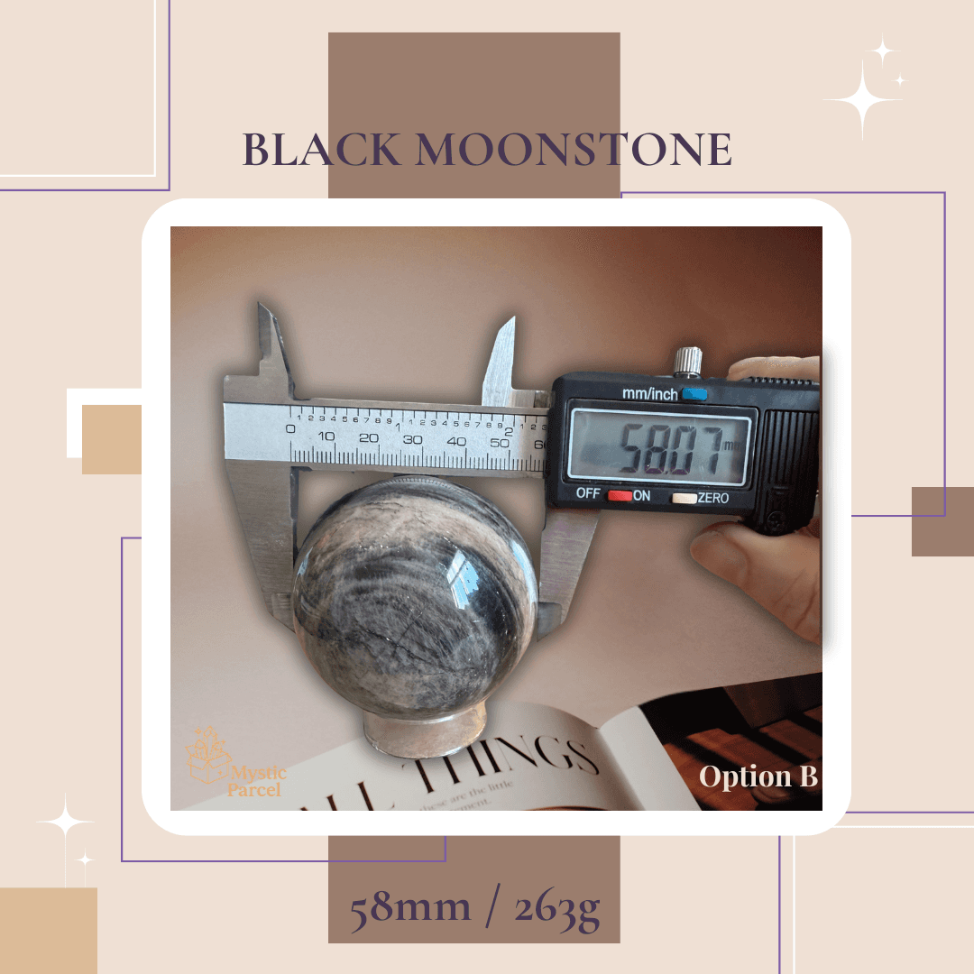 Black Moonstone Sphere Option B measured with calipers (58mm / 263g)