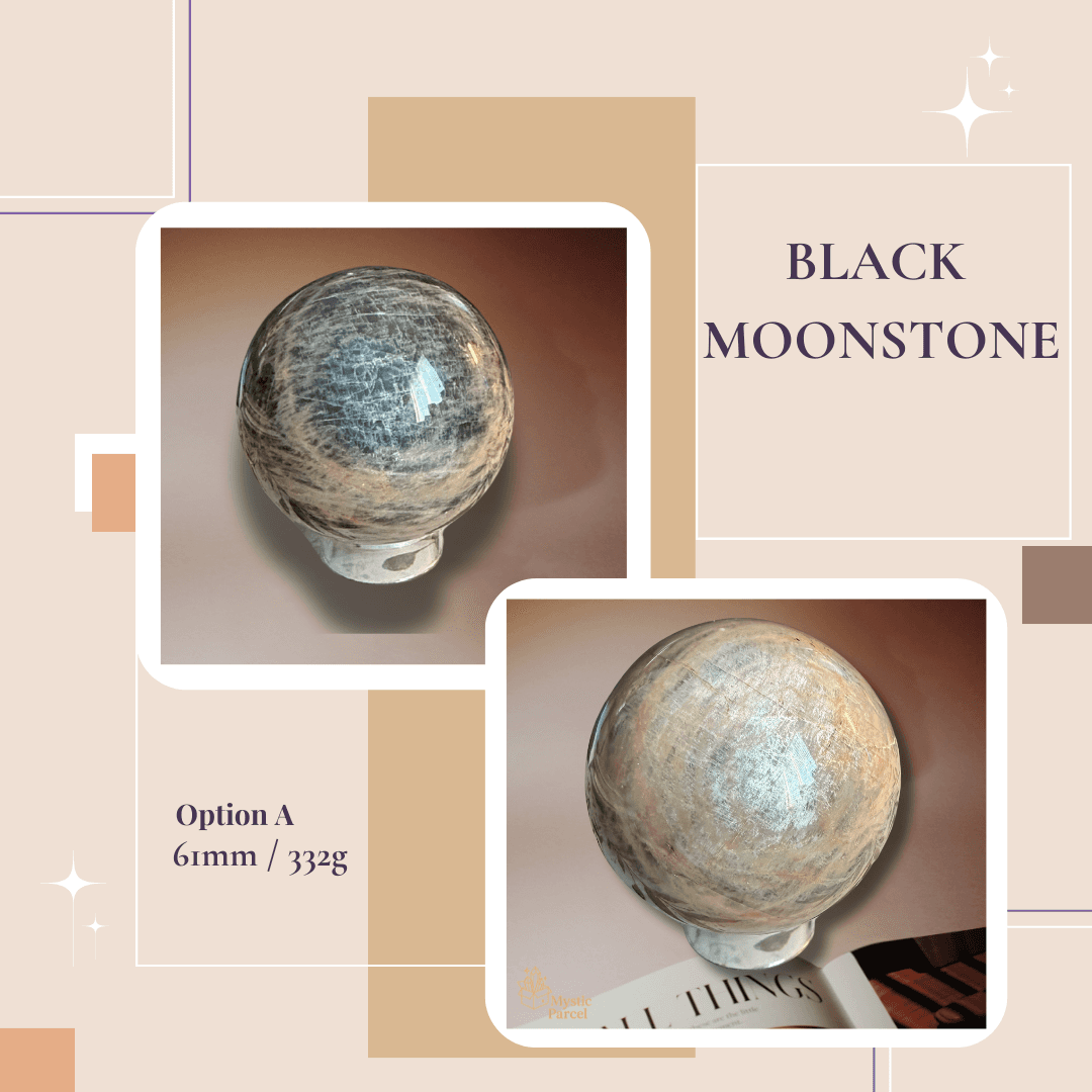 Soulful Black Moonstone Sphere Option A (61mm / 332g) polished surface with shimmer
