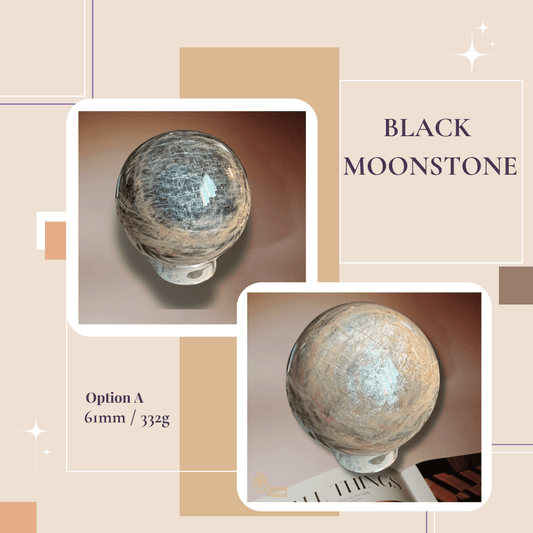 Soulful Black Moonstone Sphere Option A (61mm / 332g) polished surface with shimmer