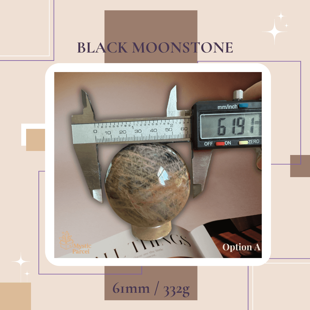 Black Moonstone Sphere Option A measured with calipers (61mm / 332g)