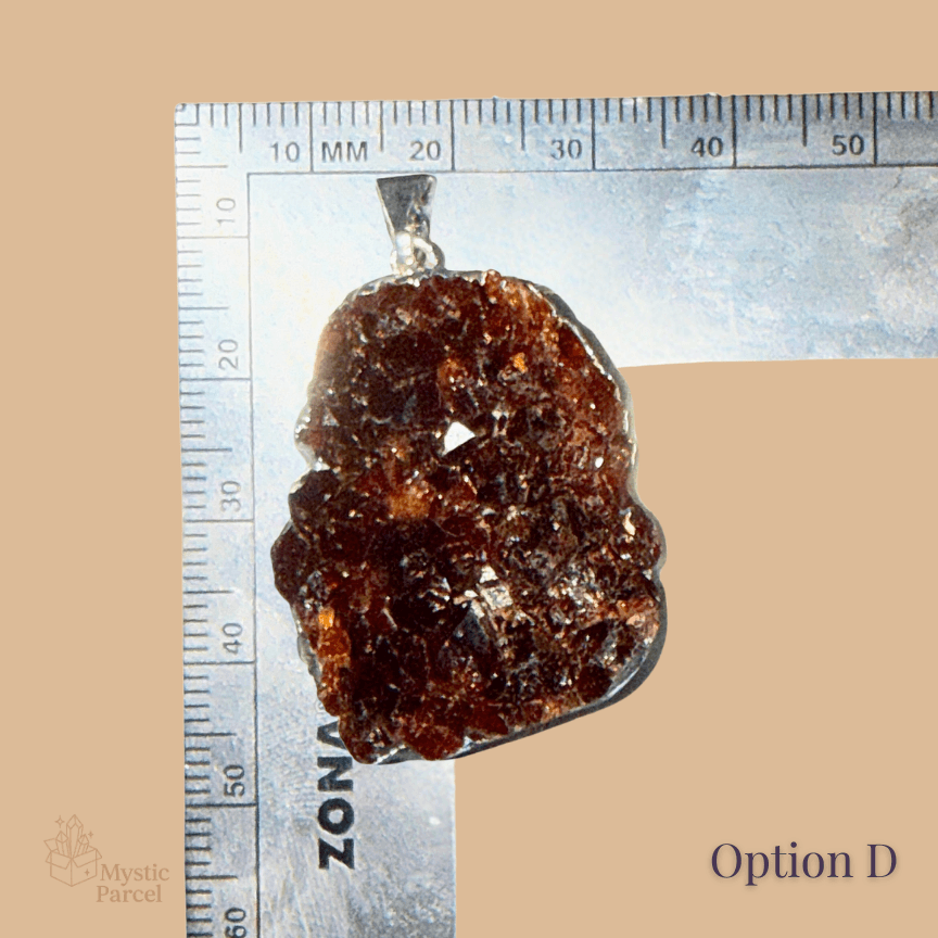 Option D: Brazil Citrine Drusy Cluster Pendant in .925 Silver Bezel shown with ruler, featuring rich brown druzy crystals and silver bail.