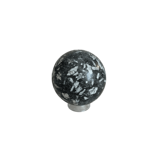 Covellite Polished Sphere with blue-black and silver crystalline patterns, ideal for enhancing intuition and spiritual transformation in rock collections. Front View