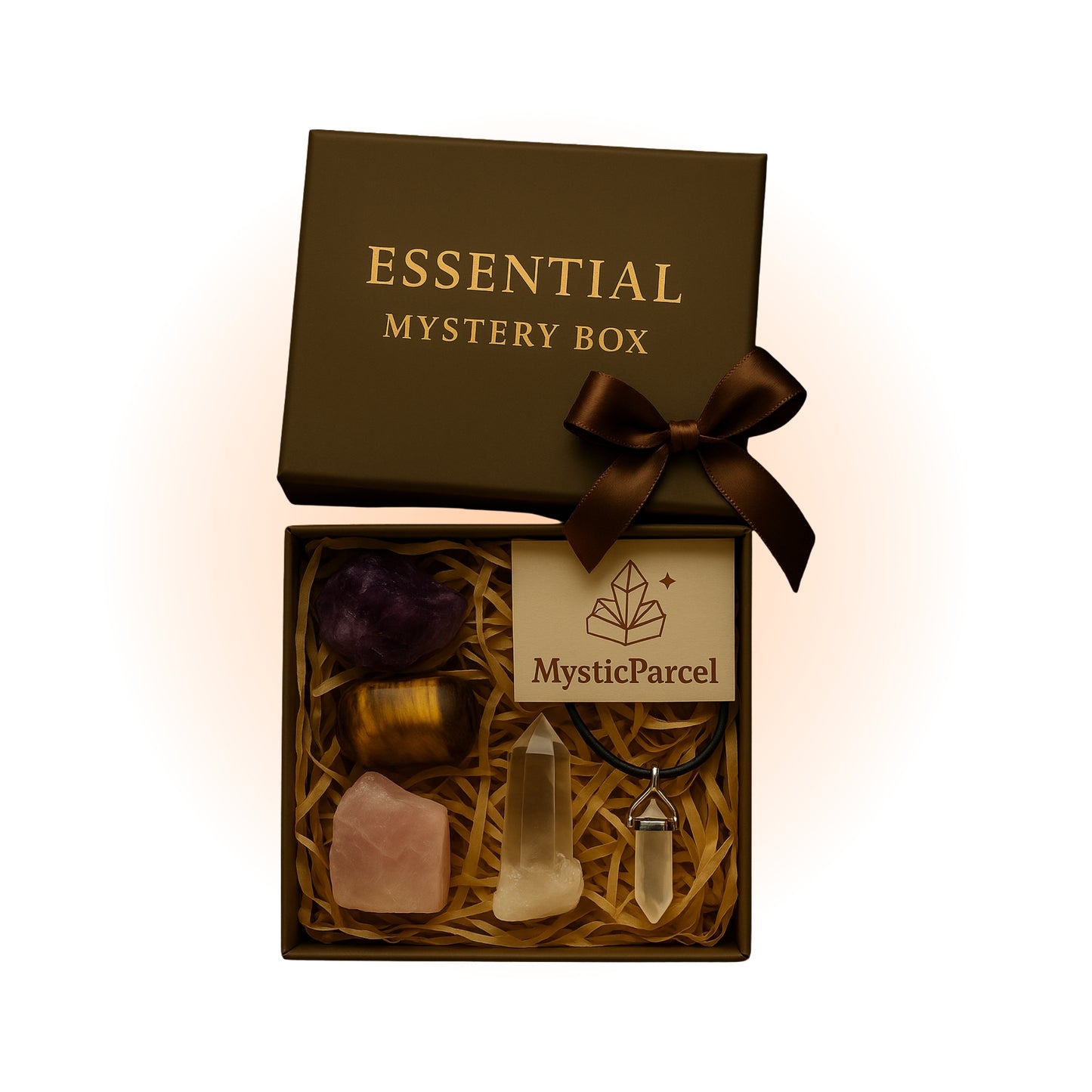 Essential Mystery Box with crystals and a necklace from MysticParcel on a white background