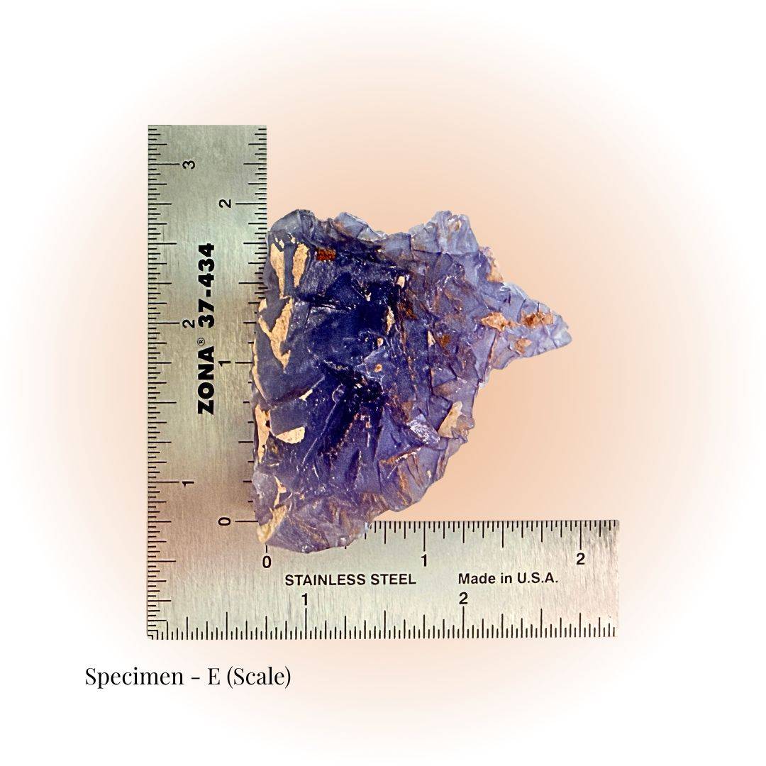 Brazilian Purple Fluorite crystal specimen E shown with ruler for scale. Features deep violet hues and natural geometric formations for clarity & focus.