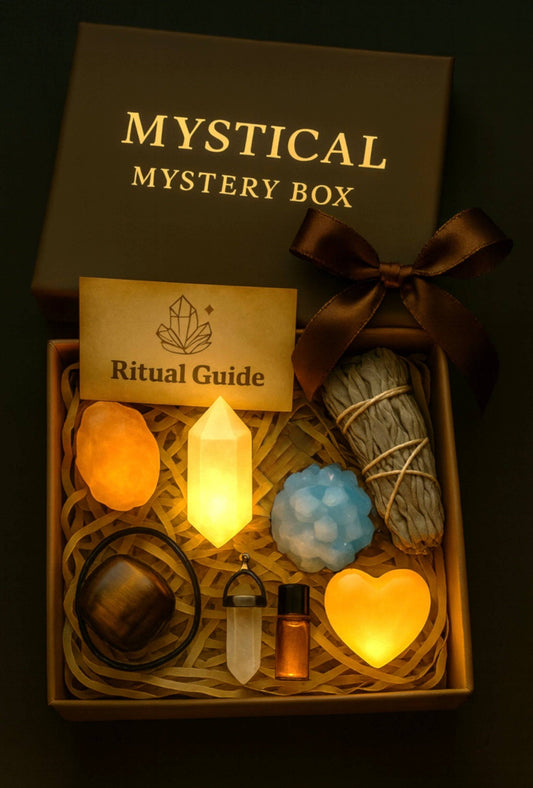 Mystical crystal mystery box with rare crystal, ritual guide, oils, and herbs