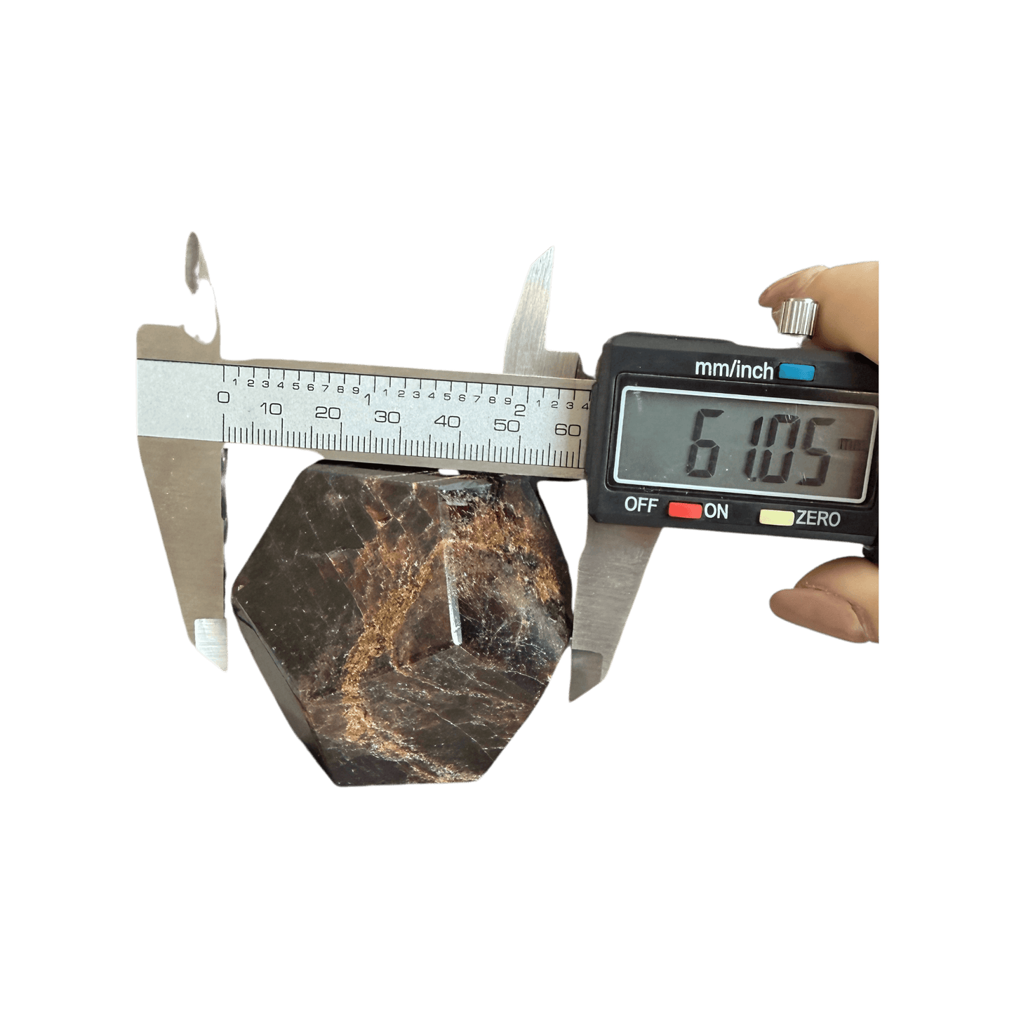 Garnet Dodecahedron Crystal measuring 61.05mm with caliper, ideal for grounding and vitality in gemstone collections.