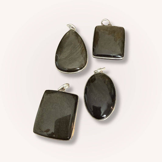 Assorted Gold Sheen Obsidian Pendants in oval, teardrop, and rectangular shapes. Perfect for grounding, clarity, and protection jewelry collections.