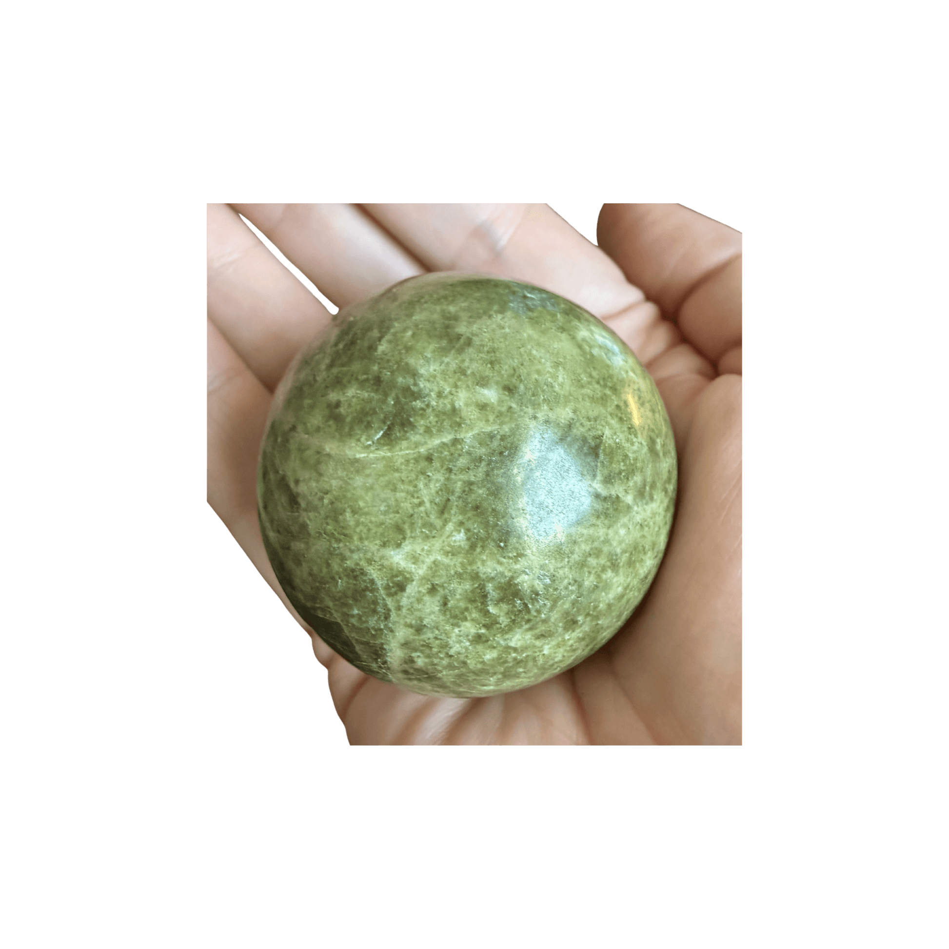 Green Infinite Stone Sphere - Heart Chakra Aid made from Serpentine & Chrysotile, shown in hand for size reference. Ideal for energy healing and balance.