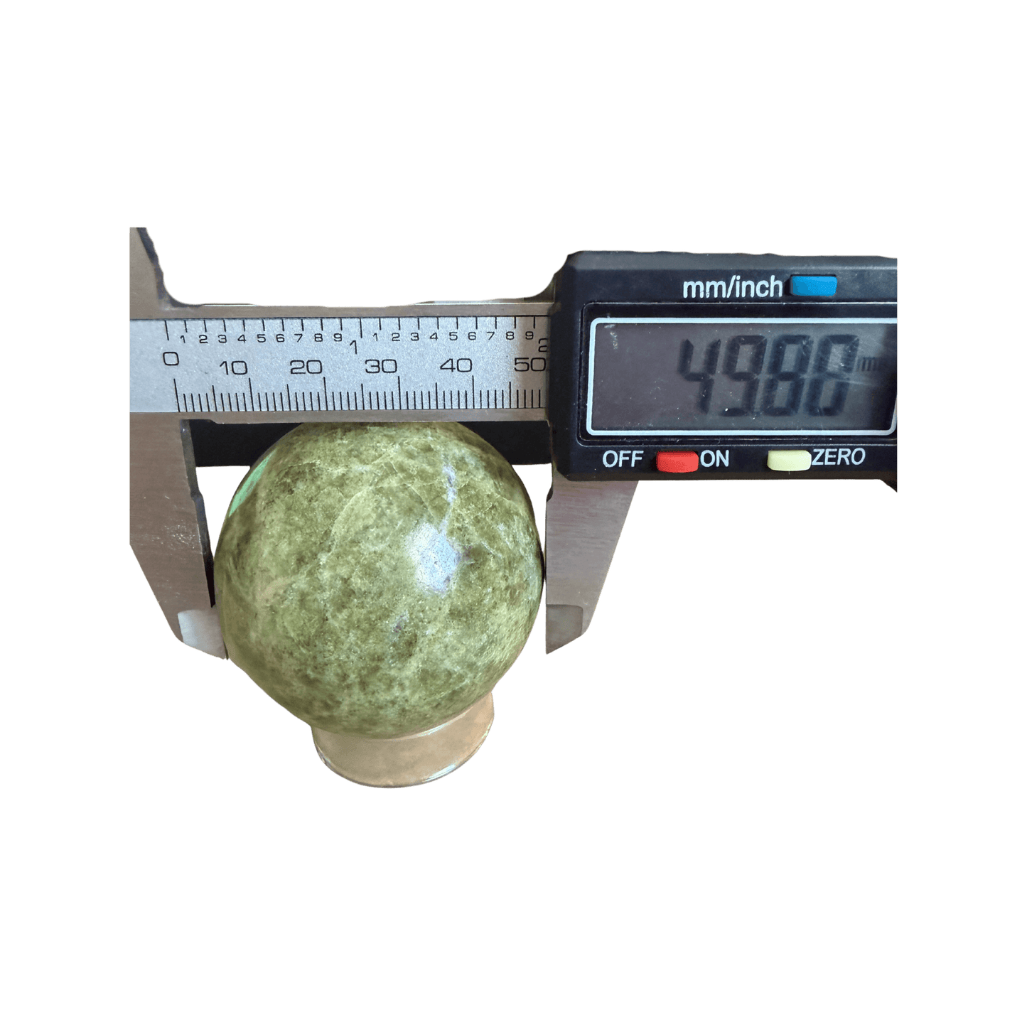 Green Infinite Healing Stone Sphere - Heart Chakra Aid | Serpentine Chrysotile measured at 49.88mm diameter with digital caliper, ideal for energy healing rituals.