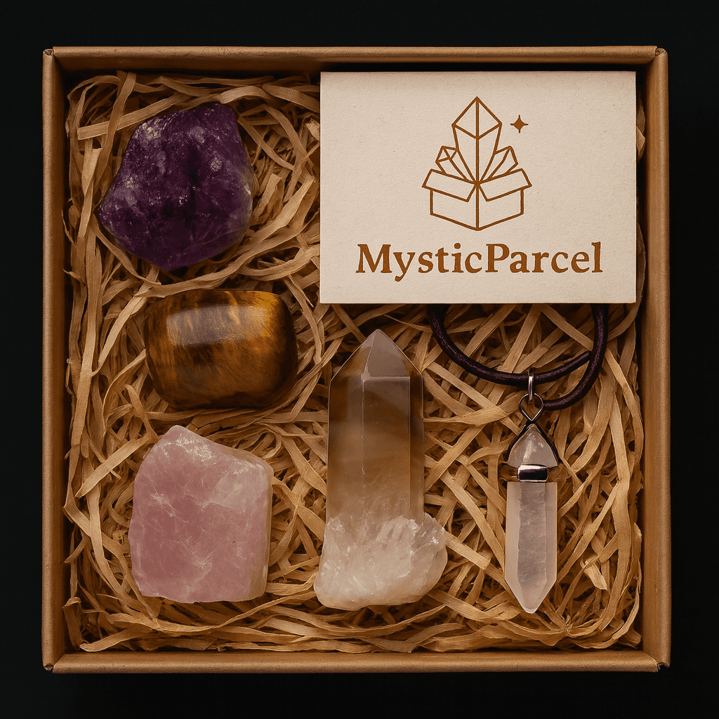 Essential crystal mystery box with 5 healing crystals for intention setting