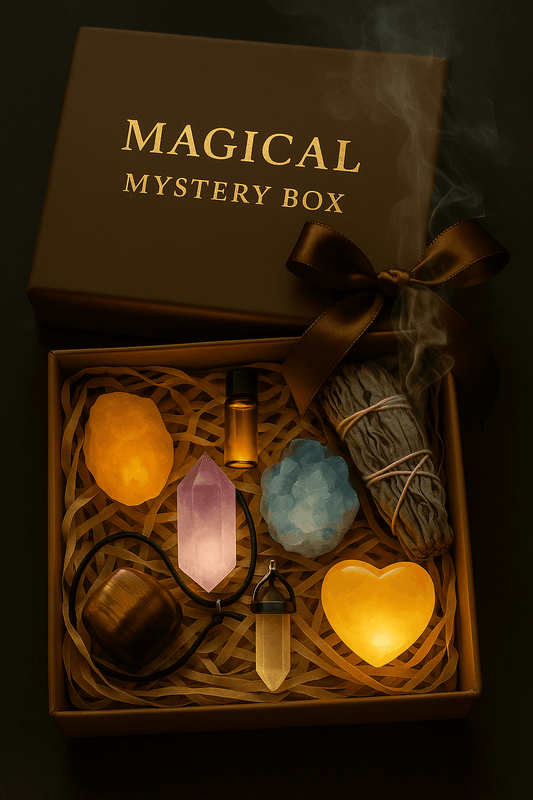 Magical crystal mystery box with oils, herbs, and 5 healing crystals