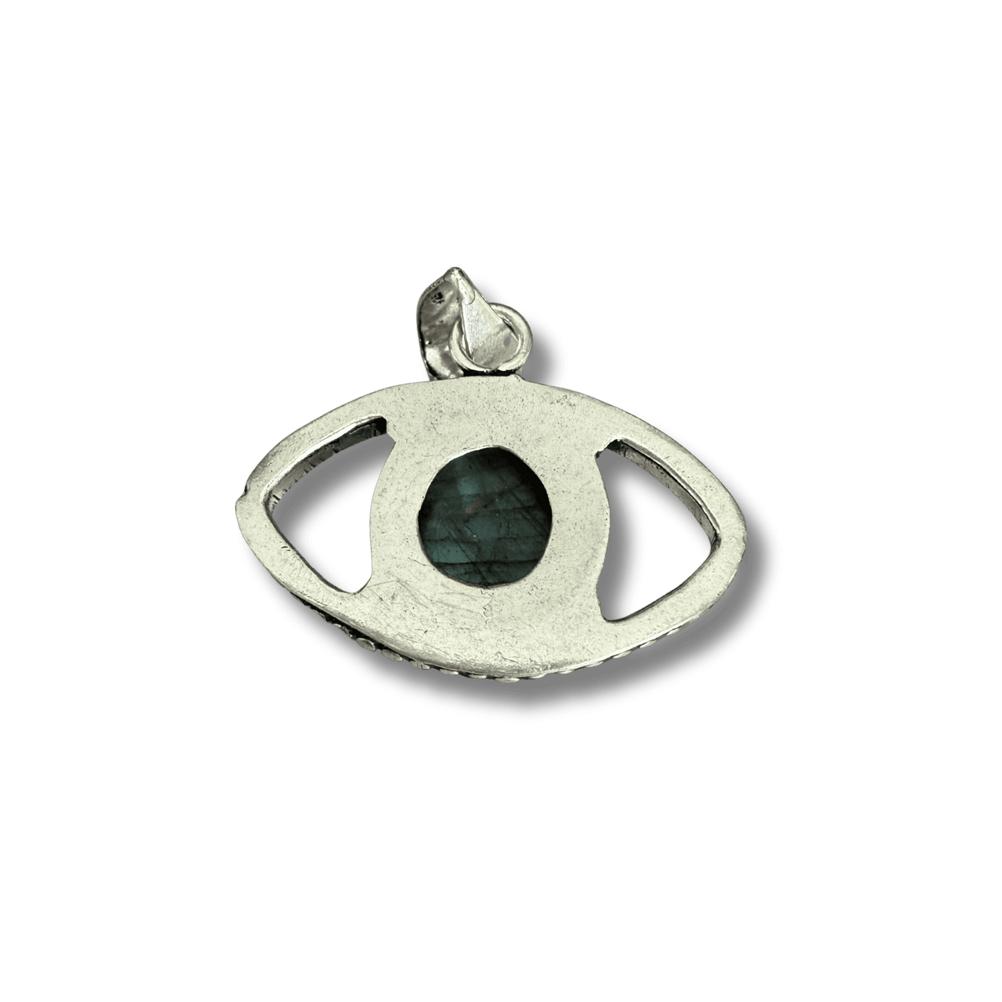 Labradorite Evil Eye Pendant in silver setting for transformation and protection. Features a central labradorite stone with open eye design.