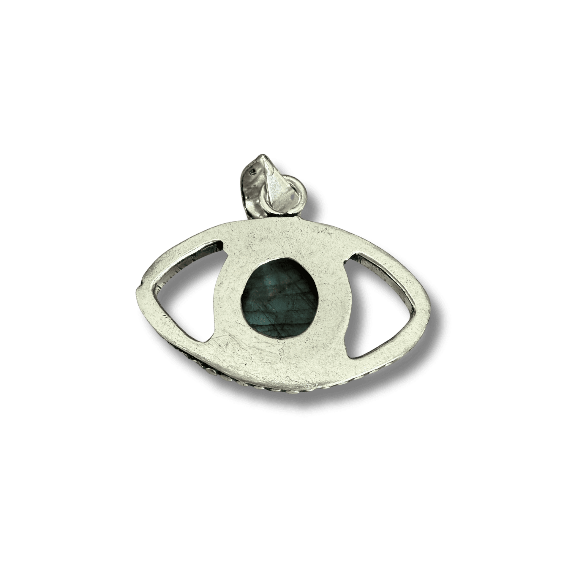 Labradorite Evil Eye Pendant in silver setting for transformation and protection. Features a central labradorite stone with open eye design.