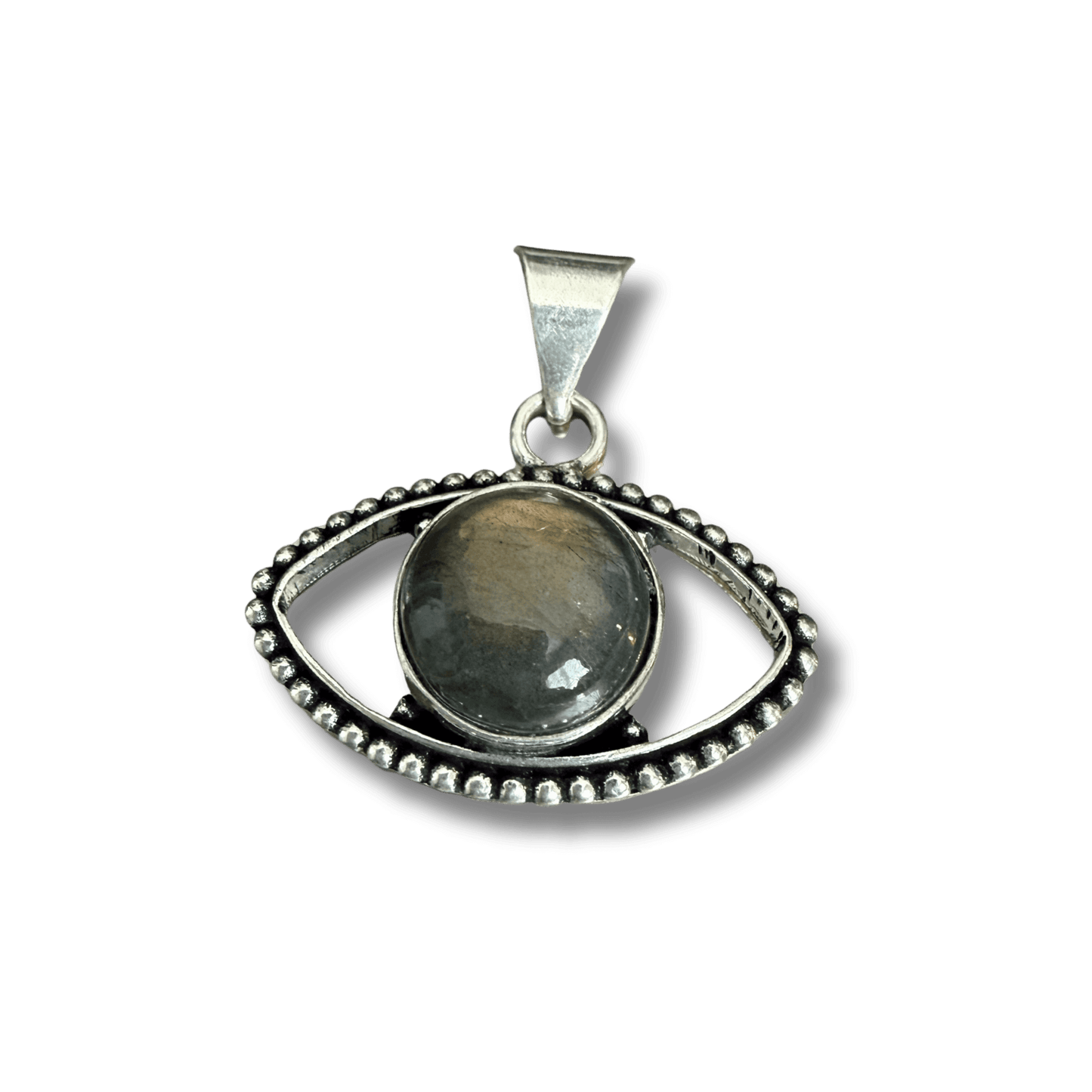 Labradorite Evil Eye Pendant featuring a polished labradorite stone set in a silver eye-shaped frame for transformation and protection jewelry.