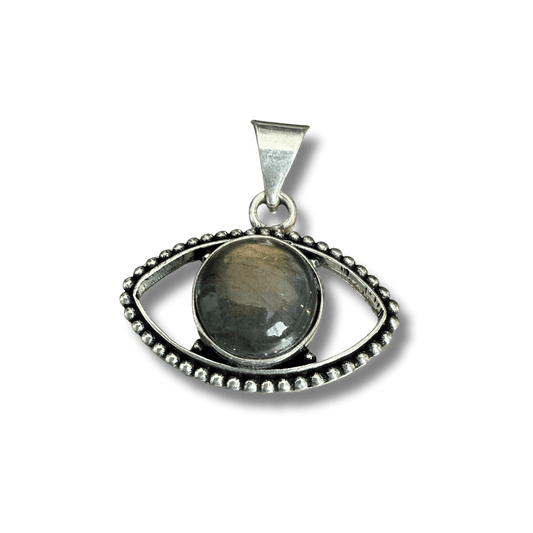 Labradorite Evil Eye Pendant featuring a polished labradorite stone set in a silver eye-shaped frame for transformation and protection jewelry.