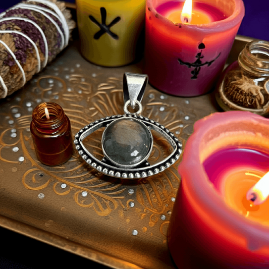 Labradorite Evil Eye Pendant for transformation and protection, displayed on a decorative tray with ritual candles and essential oil bottle.