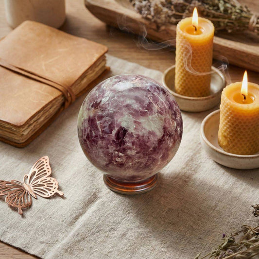 Lepidolite Sphere 64mm placed in a calming ritual setup with candles and herbs, ideal for emotional balance and peaceful intention work.