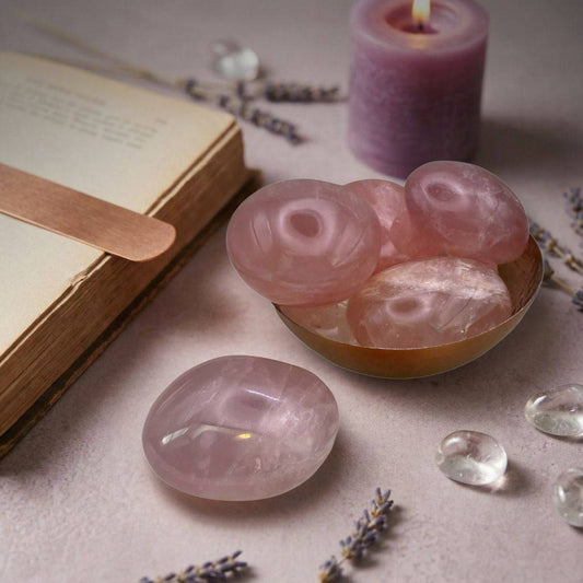 Collection of large Madagascar rose quartz palm stones in a brass bowl beside a candle and lavender, perfect for love and meditation rituals.