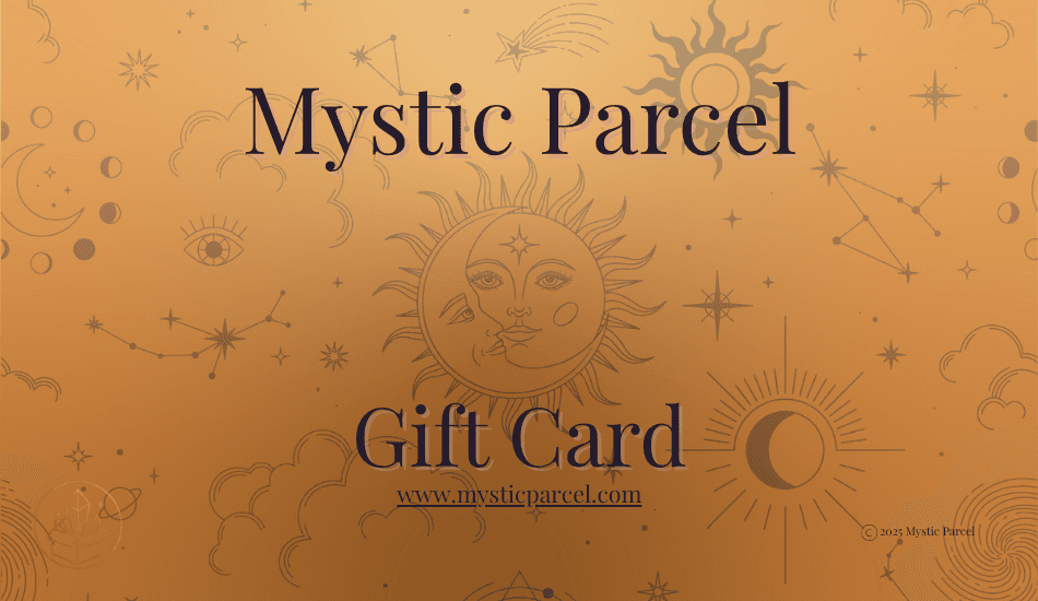 Mystic Parcel gift card with celestial designs on a gold background