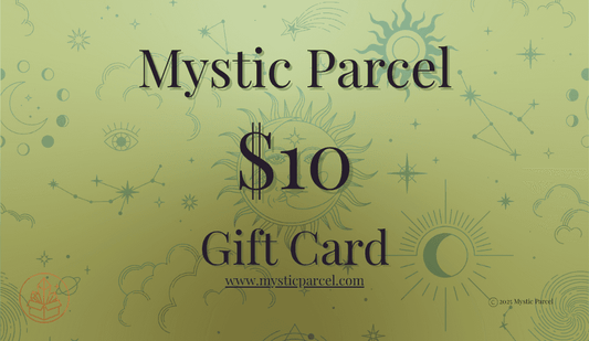 Mystic Parcel $10 Gift Card featuring celestial and astrological illustrations, ideal for energy healing and spiritual intention gifts.