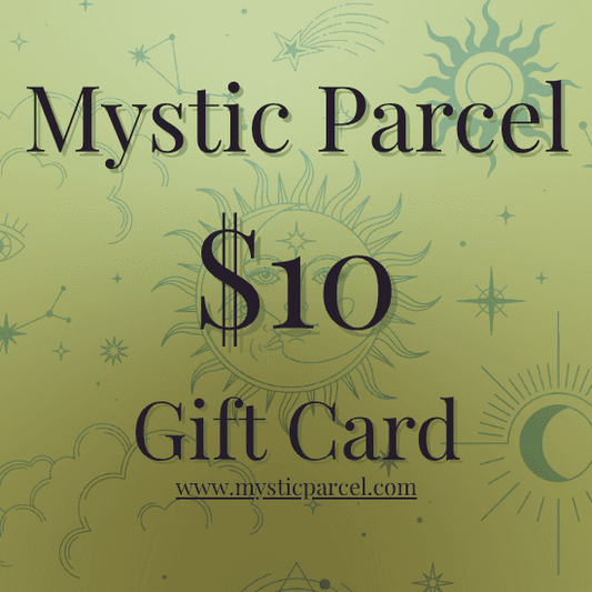 Mystic Parcel $10 Gift Card featuring celestial and astrological illustrations, ideal for energy healing and spiritual intention gifts.