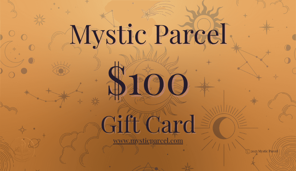 Mystic Parcel Gift Card - Perfect Energy Intuition Gift in $100 denomination with celestial design, ideal for spiritual and crystal lovers shopping online.