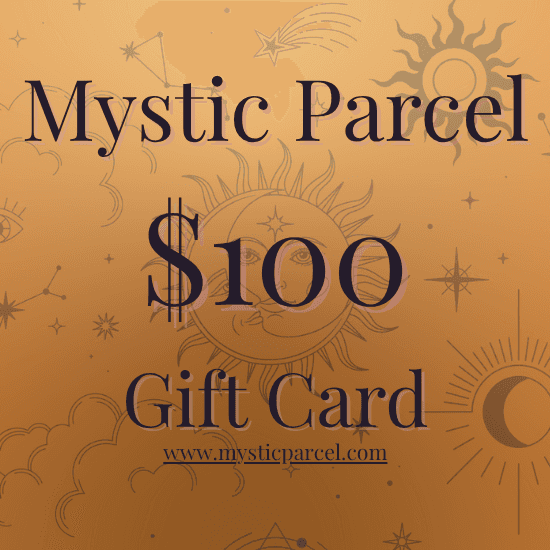 Mystic Parcel Gift Card - Perfect Energy Intuition Gift in $100 denomination with celestial design, ideal for spiritual and crystal lovers shopping online.