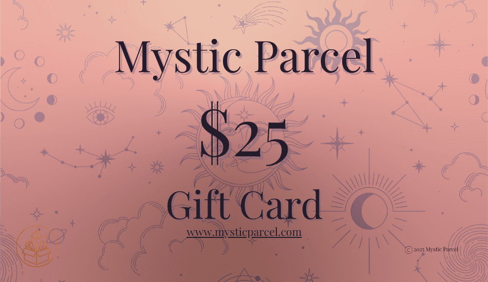 Mystic Parcel Gift Card - Perfect Energy Intuition Gift in $25 denomination with celestial design, ideal for spiritual and crystal lovers.
